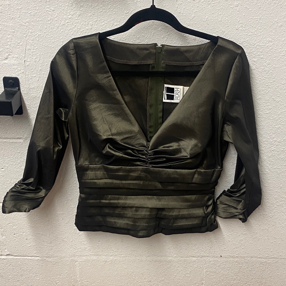 Tadashi Shoji - Shimmering Metallic olive ruched top